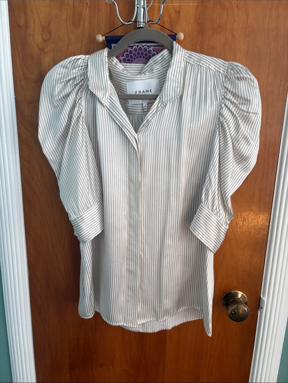 Frame Denim Ivory Silk Blouse with Navy Pinstripes